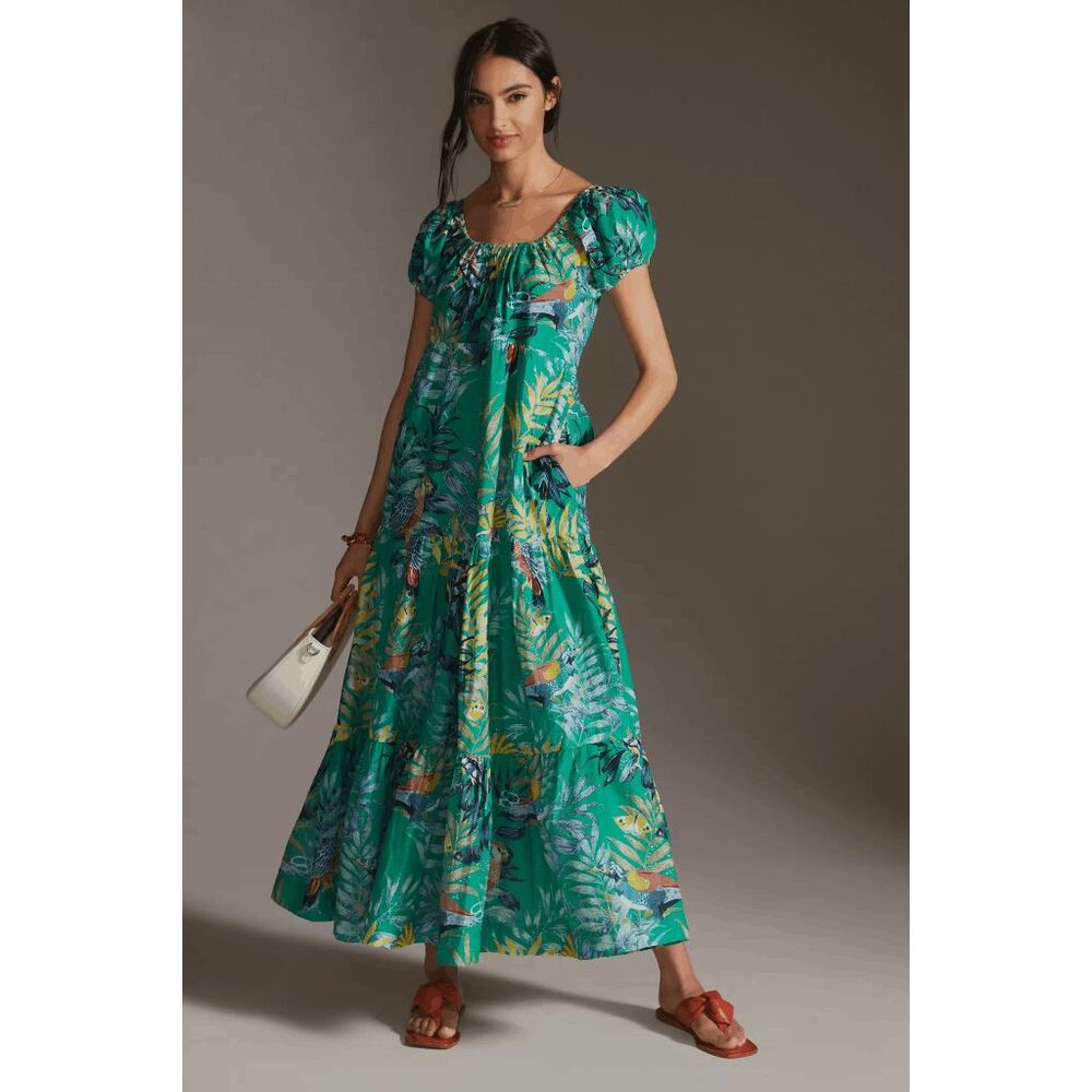 Maeve By Anthropologie Green Tropical Bird Butterfly Tiered Peasant Maxi Dress M